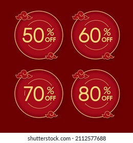Chinese new year greeting poster or banner sale 50%, 60%, 70% and 80%, off. promotion and shopping template,  Happy Chinese new year 2022. Chinese New Year Sale Promotion Template. Sale tag.