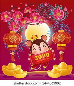 Chinese New Year greeting. Rat Jumping holding scroll with gold. Flowers, fireworks, and lamps decorated with golden Mei flower patterns. Vector illustration isolated on red background.