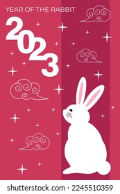 Chinese New Year greeting red card with decorative water rabbit, 2023 New Year invitation, card, greeting, postcard, gift, vector illustration.