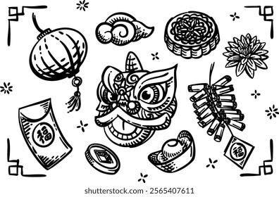 Chinese New Year Hand Drawing, Lunar New Year, Lunar New Year 2025, Lion Dance, Lantern, Envelope, Cloud, Gold, Coin, Mooncake, Moon Cake, Lotus Flower,  firecrackers, Celebrate, Traditional