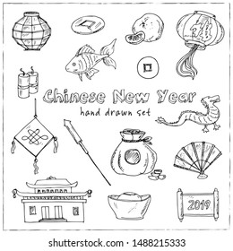 Chinese New Year hand drawn doodle set. Vector illustration. Isolated elements on white background. Symbol collection.