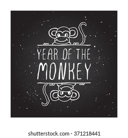 Chinese New Year hand drawn greeting card. Poster template with doodle monkey and handwritten texton chalkboard background. Year of the Monkey badge
