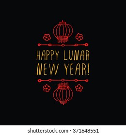 Chinese New Year hand drawn greeting card. Poster template with red doodle chinese lantern and golden handwritten text. Happy Lunar New Year badge.