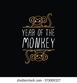 Chinese New Year hand drawn greeting card. Poster template with doodle golden monkey and handwritten text. Year of the Monkey badge