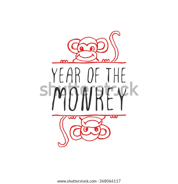 Chinese New Year hand drawn greeting card. Poster\
template with doodle monkey and handwritten text. Year of the\
Monkey badge