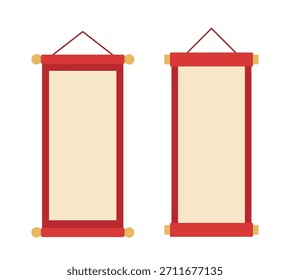 Chinese New Year Hanging Scroll Banner Set.
Red Vertical Spring Festival Scrolls Collection.
Lunar New Year Blank Scroll Decoration Vector.
White background.
