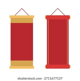 Chinese New Year Hanging Scroll Banner Set.
Red Vertical Spring Festival Scrolls Collection.
Lunar New Year Blank Scroll Decoration Vector.
White background.
