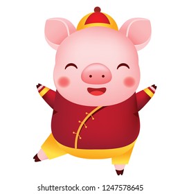 Chinese new year. happy cartoon pig in traditional clothes. Vector illustration for 2019 year of pig