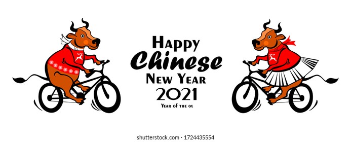 Chinese new year. Happy Cows. Cute Bulls. New year and merry christmas vector illustration. Bull zodiac symbol of the year 2021. Guy and Girl. Zodiac sign for greetings card, invitation, posters.
