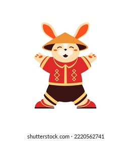 Chinese New Year happy rabbit cone hat Asian traditional costume vector flat illustration. Oriental zodiac lunar calendar holiday bunny hare mascot with open paws astrology cultural animal character