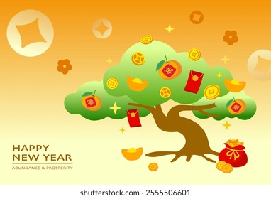 chinese new year. happy new year. wishing tree, money, wealth, coins, lucky bag, gold ingots, prosperity, happiness, good fortune, new beginning, joy, abundance, blossom, red envelopes,Mandarin banner