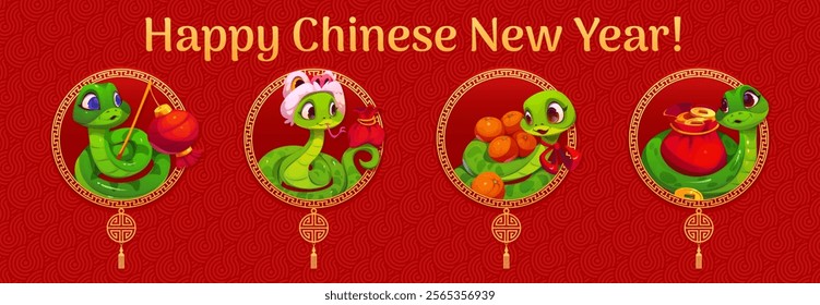 Chinese New Year holiday Asian horoscope snakes collage for greeting card, vector banner. Happy Chinese New Year with funny snakes with tangerines, gold coin purse bag and paper lantern for lunar year