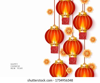 Chinese New year holiday banner with red traditional lanterns and flowers vector illustration on white background. The asian or oriental symbol of New year for celebration.