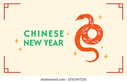 Chinese new year holiday banner with snake. Vector flat illustration of hand drawn reptile. Zodiac symbol of lunar 2025 new year