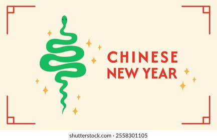 Chinese new year holiday banner with snake. Vector flat illustration of hand drawn reptile. Zodiac symbol of lunar 2025 new year