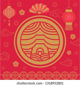 Chinese New Year Holiday celebration asia vector. Flower floral elements, decoration hand fan and lanterns made of paper, flora and origami design