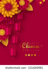 Chinese New Year holiday design. 2019 Zodiac sign with golden pig, frame, flowers and lanterns. Pink traditional background. Chinese translation Happy New Year. Vector illustration.