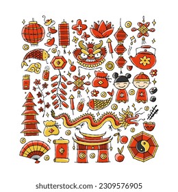 Chinese New Year Holiday. Square frame. Holiday poster for banner, background, flyer, placard. Vector illustration card for greeting, decoration, congratulation, invitation
