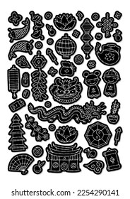 Chinese new year Holiday sticker pack. Icons set. Traditional design elements, symbols and decor. Print and cut ideas. Black silhouette style