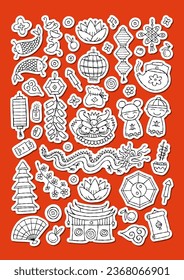 Chinese new year Holiday sticker pack. Icons set, outline colouring style. Traditional design elements, symbols and decor. Print and cut ideas