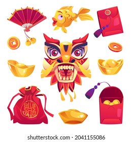 Chinese New Year holiday symbols isolated cartoon icons set. Vector paper dragon head, red hongbao envelopes, gold bars and coins, fan with tassel and bag. Knot decoration with coin, gold koi fish