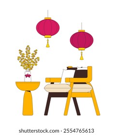 Chinese New Year home interior cartoon flat illustration. Asian armchair with throw pillows, hanging paper lanterns, blossom branches 2D interior isolated on white background. Vector colorful image