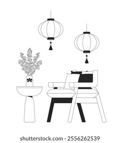 Chinese New Year home interior linear illustration. Asian armchair with throw pillows, hanging paper lanterns, blossom branches 2D line interior isolated on white. Monochrome vector outline image