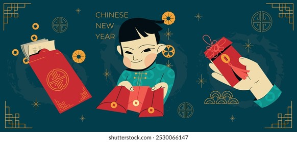 Chinese New Year hong bao vector cartoon illustrations set