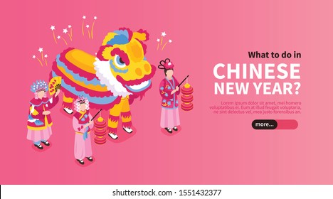 Chinese new year horizontal banner with people in national clothes and big dragon costume isometric vector illustration 