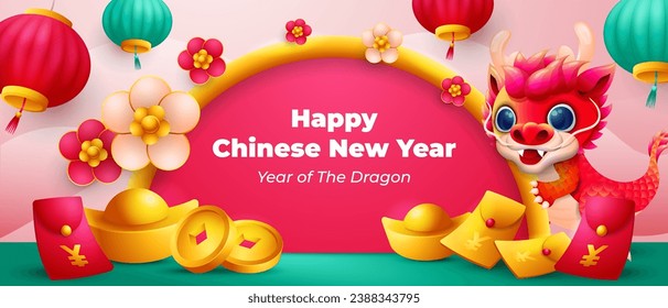 Chinese new year horizontal banner with little dragon, hanging lantern, golden ingots and coins elements