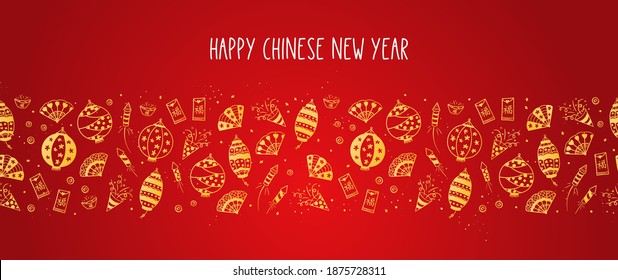 Chinese New Year horizontal seamless pattern, lovely hand drawn doodles, fireworks, lanterns, fans. Great for banners, wallpapers, wrapping, textiles - vector design 
