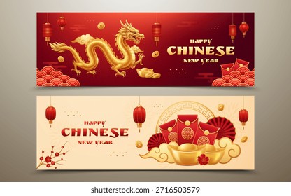 Anuncio de Web Horizontal del año Nuevo chino fijado con el dragón dorado y los Elementos festivos rojos