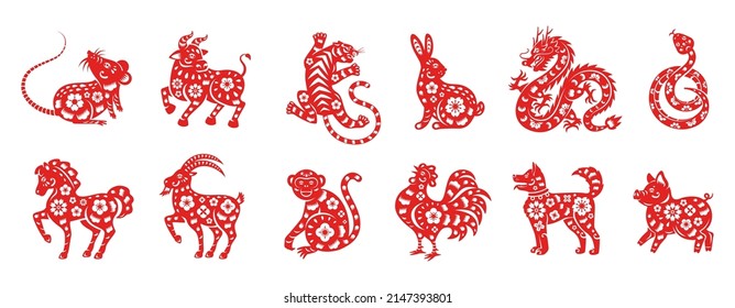 Chinese New Year horoscope animals icons set. Vector illustration. China zodiac calendar logo, asian lunar astrology signs. Rabbit, dragon, snake horse silhouette. Spring tradition paper cut style svg