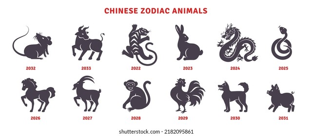 Chinese New Year horoscope animals, 2023 black silhouette rabbit, dragon, snake horse icons set isolated on white. Vector illustration. China zodiac calendar logo, asian lunar astrology signs svg