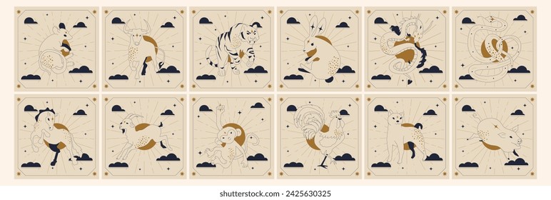 Chinese New Year horoscope animals. Hand drawn vector illustration.