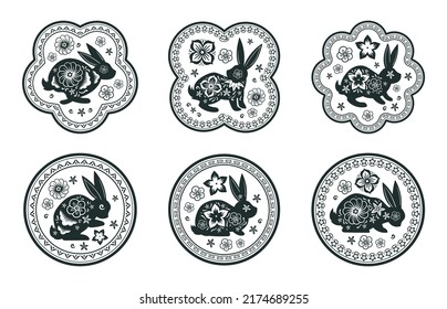 Chinese New Year horoscope rabbits stamps, bunny round silhouettes. Traditional asian ornamental paper cut rabbits, cute bunny stamps vector symbols illustrations set. Oriental zodiac bunny
