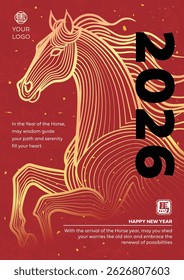 Chinese New Year of the Horse 2026 modern design in red, gold colors for cover, card, poster, banner. Flyer Template,Chinese zodiac Horse symbol.