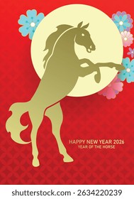 Chinese new year of the horse 2026 gold silhouette on red background. Golden zodiac horse shape on floral pattern background.
