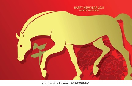 Chinese new year of the horse 2026 gold and red background. Golden zodiac horse silhouette on floral background.  Chinese text translation: "Horse"(zodiac). 