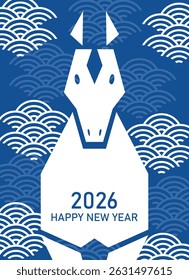 Chinese new year of the horse minimalist card. Zodiac horse silhouette on traditional asian waves pattern background. Year of the horse 2026 geometrical flat design. Lunar new year greeting card.