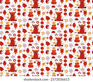 Ano Novo Chinês de cavalo sem costura padrão. Fundo de linha gráfica vetorial com cavalo, lanternas vermelhas, laranja, envelopes vermelhos sobre fundo transparente