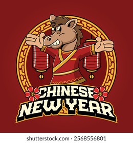 Chinese New Year Horse Zodiac Cartoon Character in Retro Vintage Illustration for sticker, poster, flyer, brochure, invitation, greeting card, banner