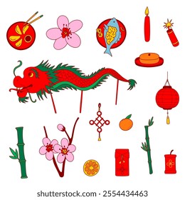 Chinese New Year Icon Collection. Traditional symbols, design elements, flat vibrant colors. Dragon dance, dumplings, fish, tangerine, bamboo, envelope, rice cake, plum blossom. Web, stickers, cards