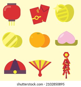 chinese new year icon lantern hat fan firecraker mandarin tangerine orange coin angpao