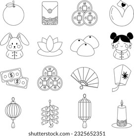 Chinese New Year icon lineart black white ready to color. Cute icon set