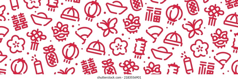 Chinese new year icon pattern background wide banner(Chinese translation:Good Fortune,Double Happiness)