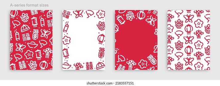Chinese new year icon pattern background for graphic design.A-size vertical vector template set.(Chinese translation:Good Fortune,Double Happiness)
