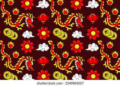 Chinese new year icon pattern. Dragons, lanterns, gold, koi fish and firecrackers
