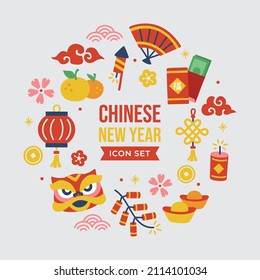 Chinese New Year icon set illustration featuring traditional festive symbols lantern fan firecracker flowers and decorations celebrating lunar new year, isolated on a white background