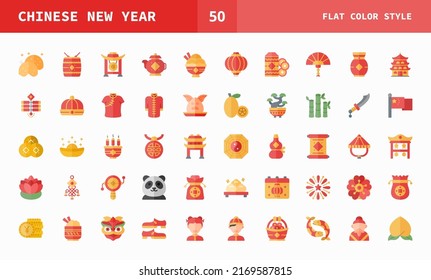 Chinese New Year icon set flat color of vector icons. Can used for digital product, presentation, UI and many more.